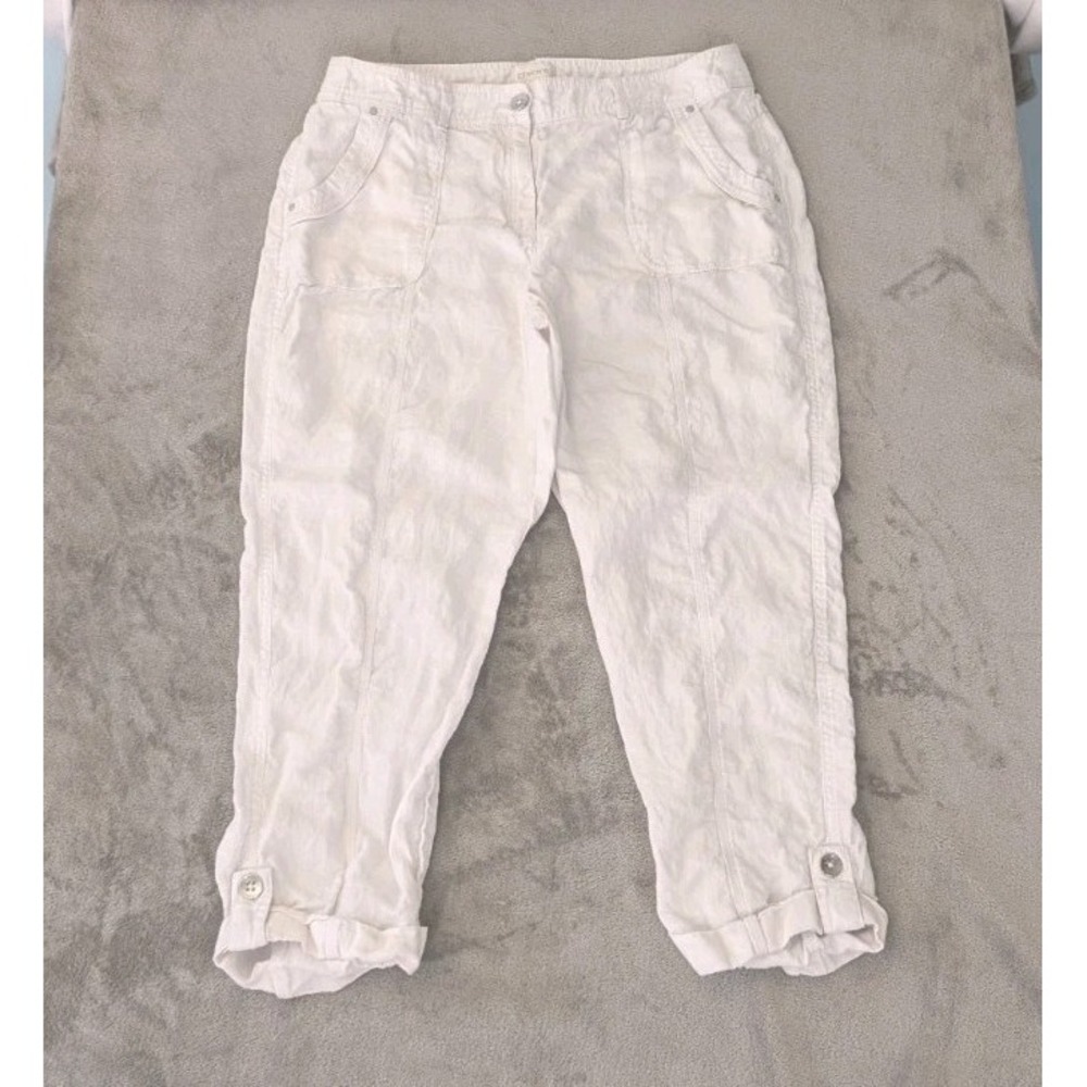 Chicos Linen Cropped Pants White Women's 1.5 10 Roll Up Cuff With Button Accent